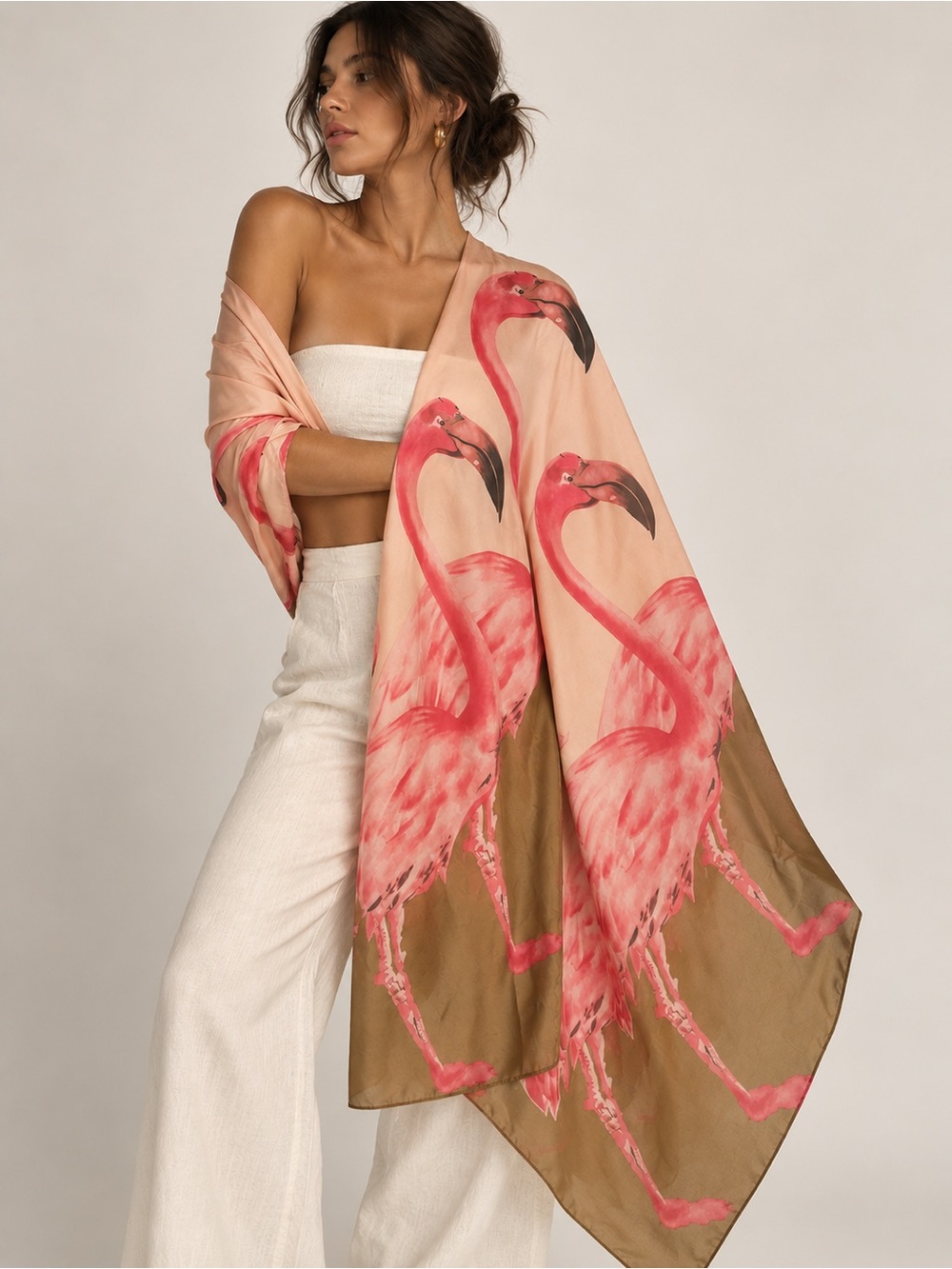 100% Silk Flamingo Scarf Wrap | Pink Tropical Bird Oversized Silk Scarf Shawl